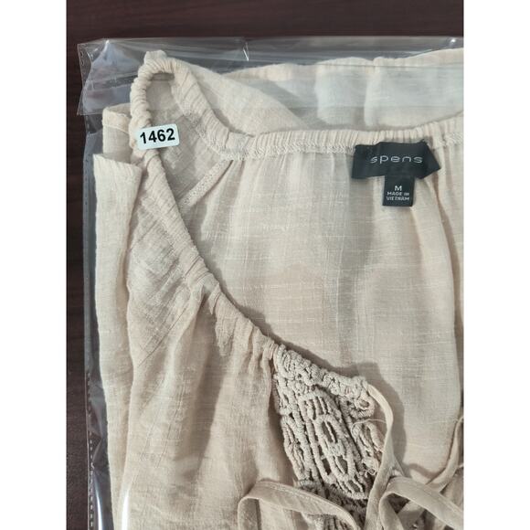 Spence Boho Tunic Top Women's Sz M Tan Adjustable Tie 3/4 Sleeve Pullover Lace - Picture 16 of 16